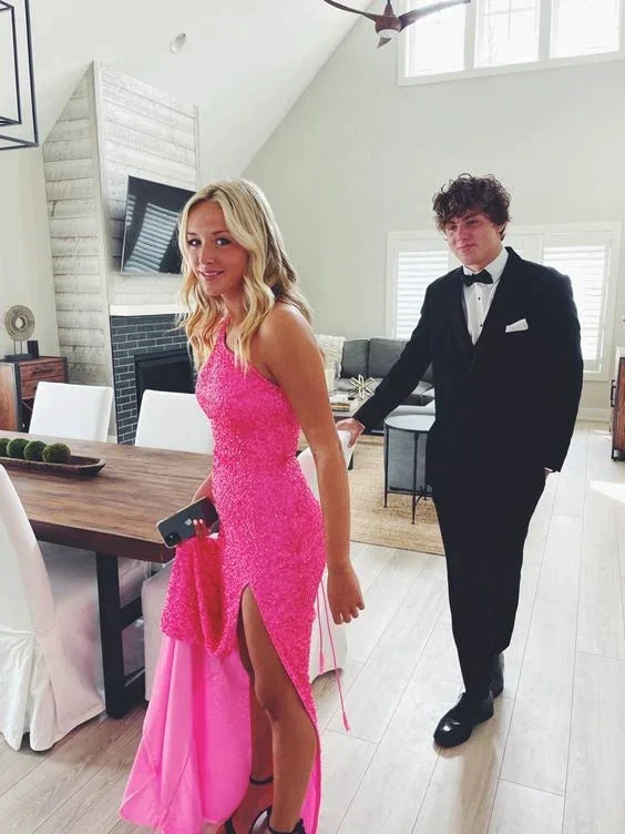 Woman in pink prom dress and man in black tuxedo at home, ZAPDRESS formalwear style