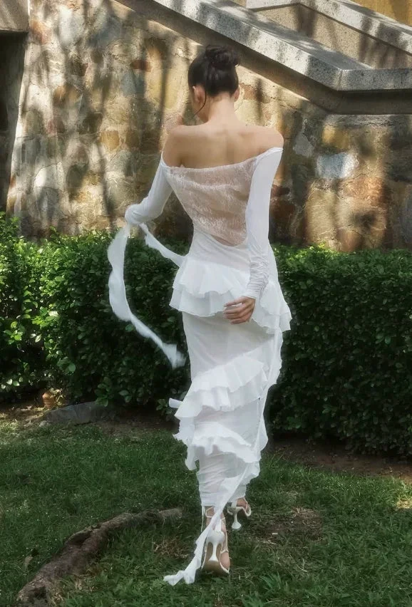 Classy Sheath Lace Chiffon Ruffles Prom Evening Dress,White Wedding Dress Y8082 by simplepromdress