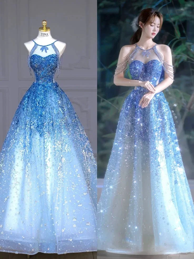 Gorgeous Blue Tulle Sequins Beaded Evening Dress Shiny Formal Prom Dress Y8352 by simplepromdress