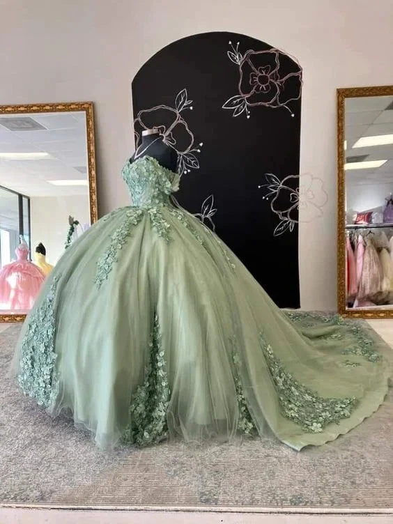 Off The Shoulder Sage Green Lace Appliques Ball Gown,Sweet 16 Dress Y2028 by simplepromdress