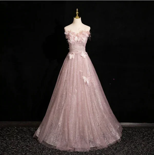 Elegant Pink Tulle Sequins Ball Gown Butterfly Appliques Formal Evening Dress Y7996 by simplepromdress
