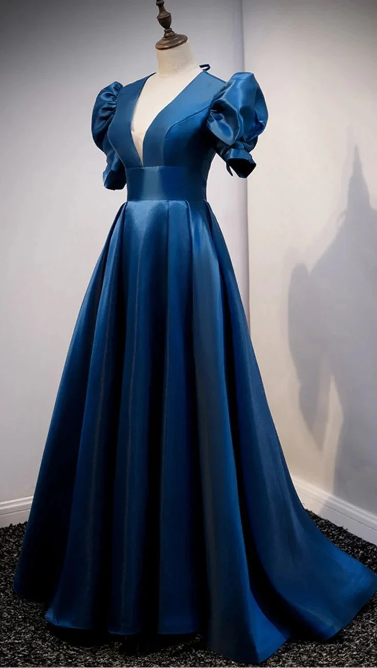 Elegant blue satin puff sleeve evening gown on mannequin, ZAPDRESS fashion store