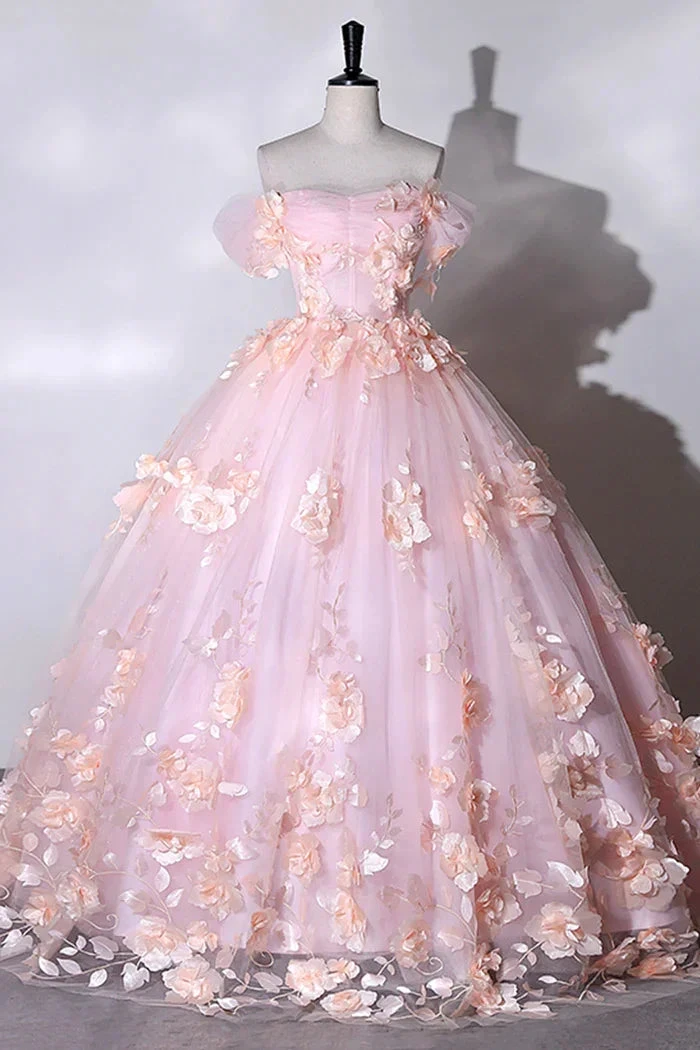 Pink Flowers Sweetheart Ball Gown Formal Dresses, Pink Long Sweet 16 Dresses Y6951 by simplepromdress