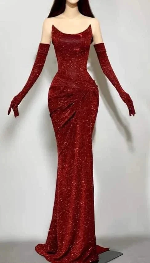 Charming Sequins Red Mermaid Evening Dress Formal Prom Dress With Gloves Y7800 by simplepromdress