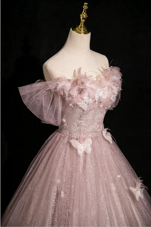 Elegant Pink Tulle Sequins Ball Gown Butterfly Appliques Formal Evening Dress Y7996 by simplepromdress