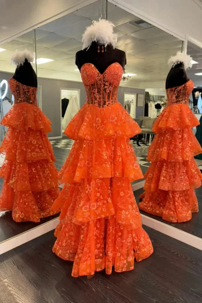 Chic Orange Strapless A-Line Lace Layered Appliques Prom Dress Slit Evening Dress Y7885 by simplepromdress