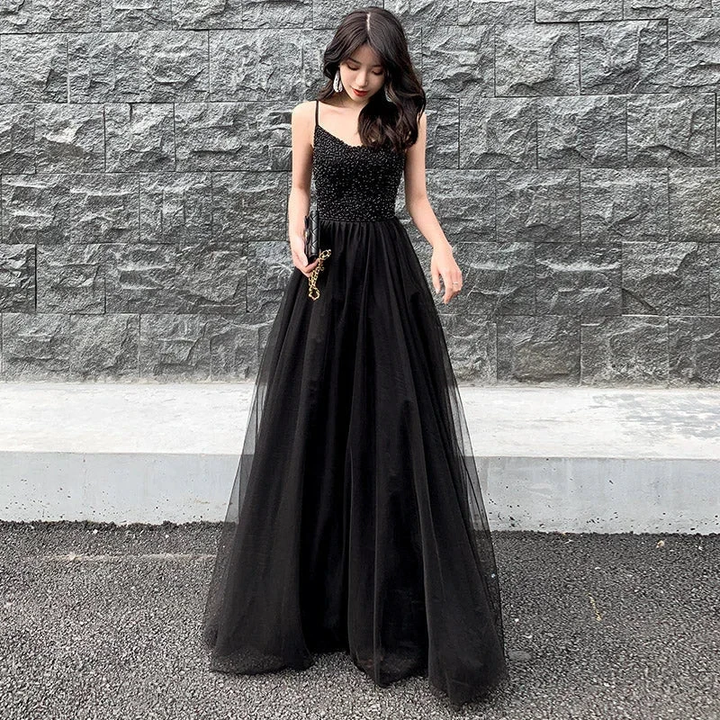 Black tulle beads long prom dress black evening dress Y1134 by simplepromdress