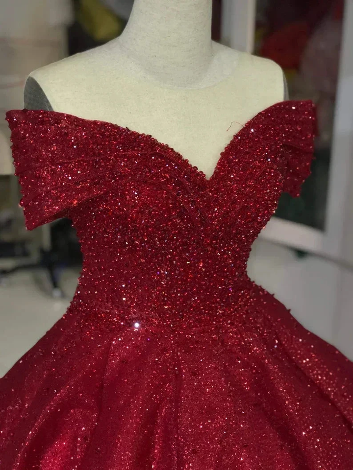 Luxurious Off Shoulder Red Glitter Beading Ball Gown Sweet 16 Dress Y1275 by simplepromdress