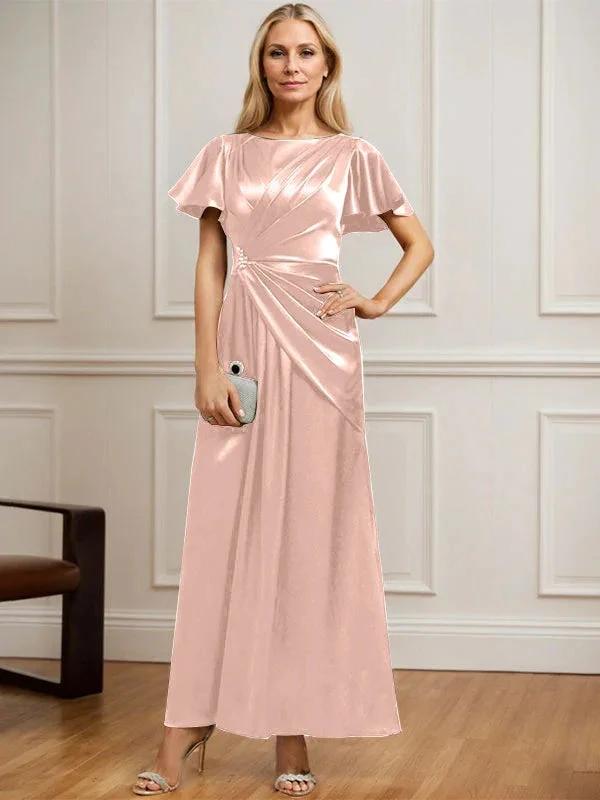 A-line Scoop Ankle-Length Stretch Satin Mother of the Bride Dress With Pleated Beading by Dreamylily