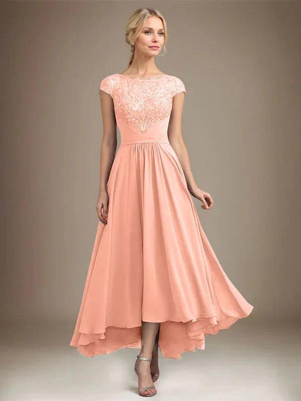 A-line Scoop Illusion Asymmetrical Lace Chiffon Mother of the Bride Dress With Pleated by Dreamylily