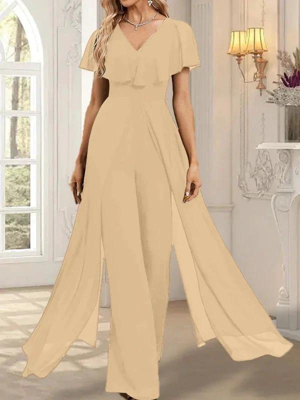 Jumpsuit/Pantsuit V-Neck Floor-Length Chiffon Evening Dress by Dreamylily