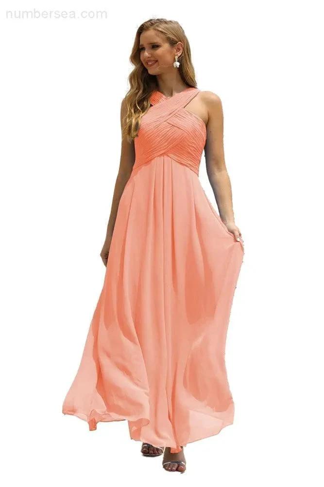 Numbersea Women Halter Chiffon Bridesmaid Dress A-line Long Formal Prom Gown SEA28015 by numbersea