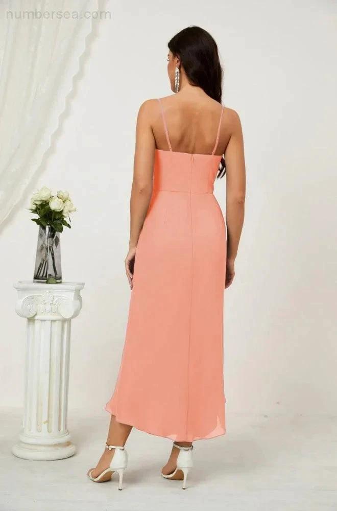 Numbersea Spaghetti Chiffon V Neck Bridesmaid Dress Mid-Length Slit Formal Prom Dress Homecoming Dress 2803 by numbersea