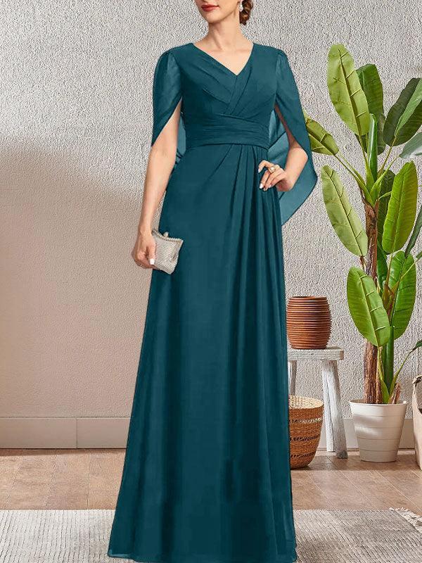 Dark Navy A-Line V-Neck Long Mother of Bride Dress by Dreamylily