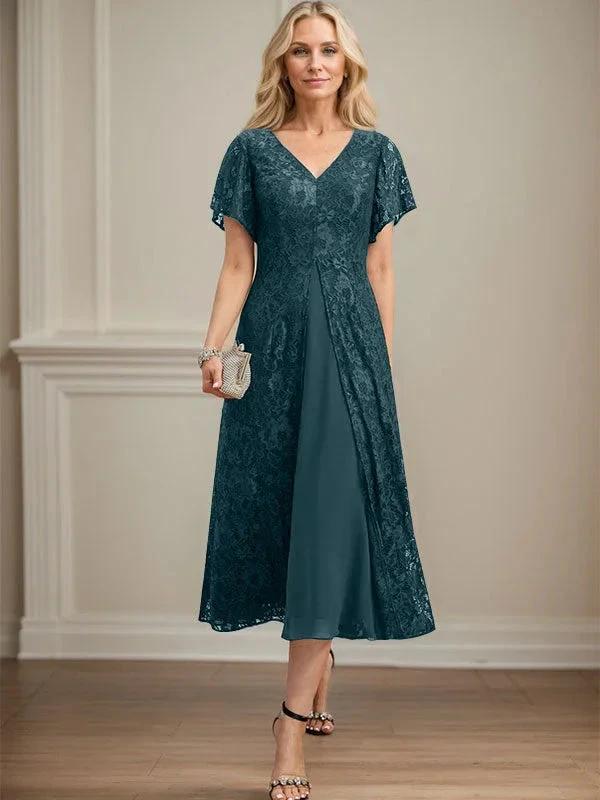 A-line V-Neck Tea-Length Lace Chiffon Mother of the Bride Dress by Dreamylily