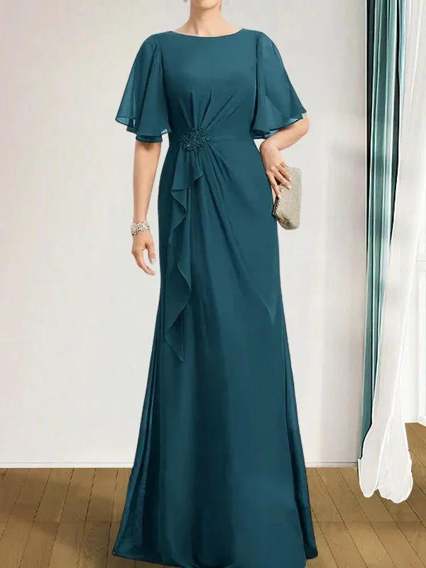 A-line Scoop Floor-Length Chiffon Mother of the Bride Dress With Cascading Ruffles Beading Sequins by Dreamylily