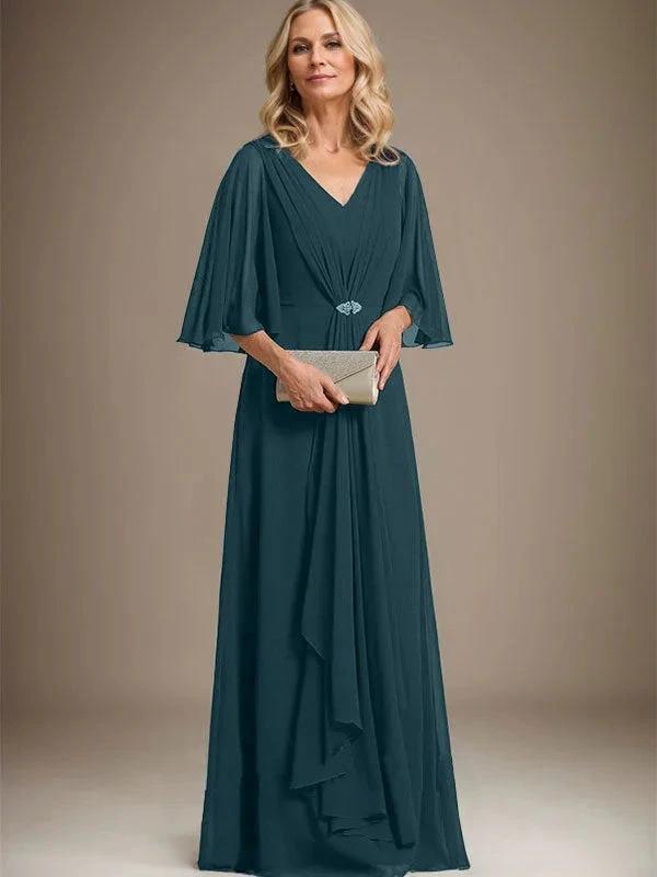 A-line V-Neck Floor-Length Chiffon Mother of the Bride Dress With Cascading Ruffles Crystal Brooch by Dreamylily