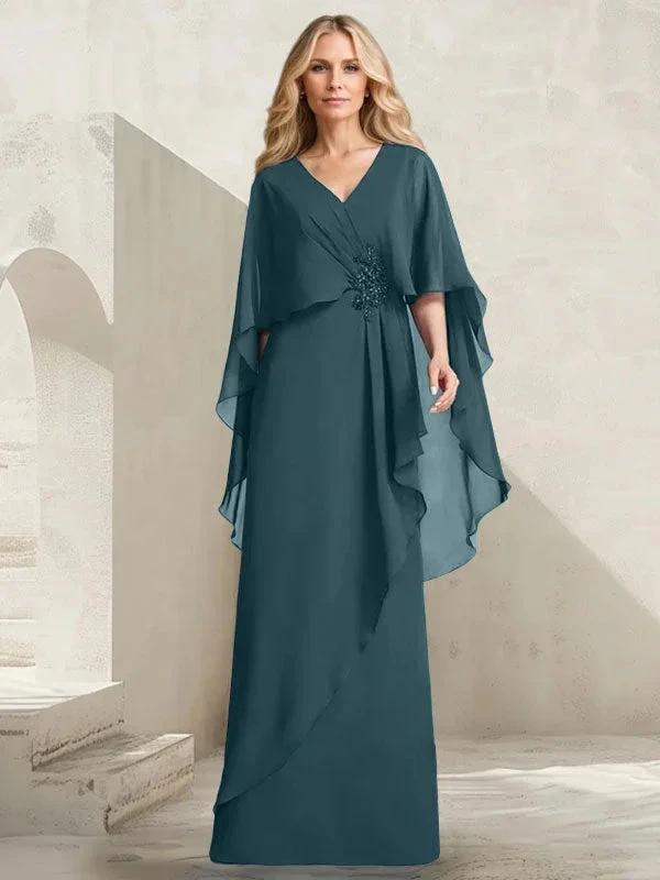 A-line V-Neck Floor-Length Chiffon Mother of the Bride Dress With Cascading Ruffles Beading by Dreamylily