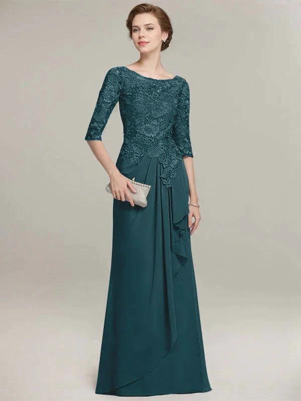 A-line Scoop Illusion Floor-Length Lace Chiffon Mother of the Bride Dress With Cascading Ruffles by Dreamylily