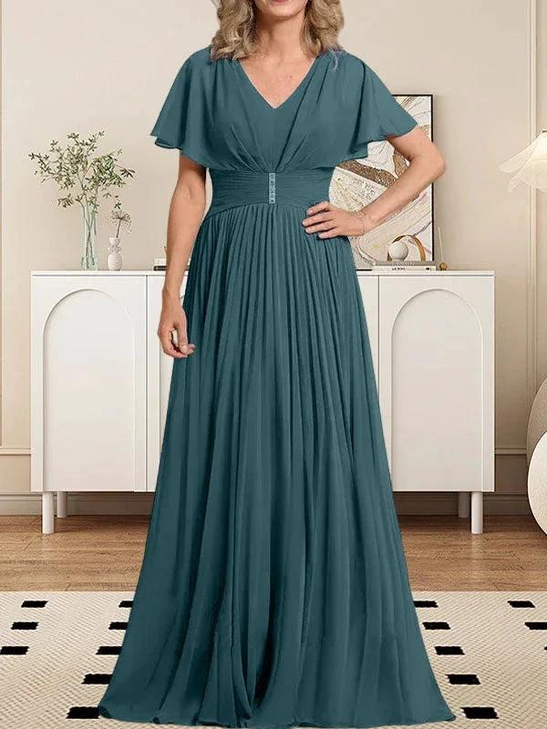 A-line V-Neck Floor-Length Chiffon Mother of the Bride Dress With Crystal Brooch Pleated by Dreamylily