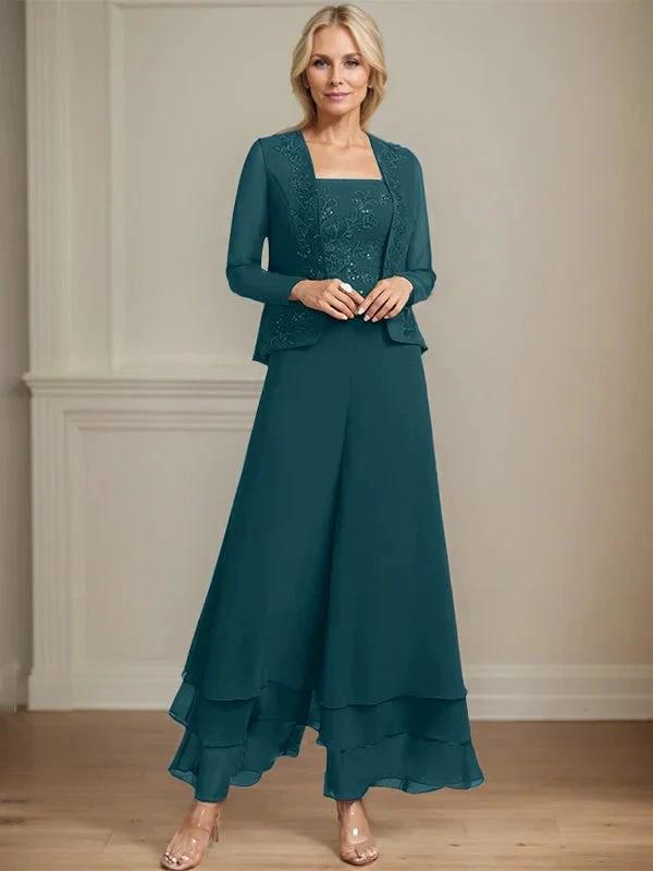 Separates Jumpsuit/Pantsuit Square Ankle-Length Lace Chiffon Mother of the Bride Dress With Sequins by Dreamylily