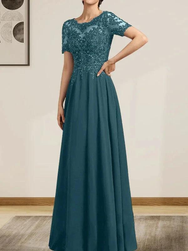 A-line Scoop Illusion Floor-Length Chiffon Lace Mother of the Bride Dress With Sequins Beading by Dreamylily