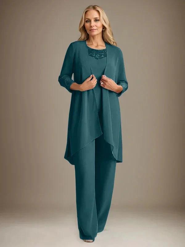 Chiffon Scoop Long Sleeves Mother Of The Bride Pantsuits With Jacket by Dreamylily