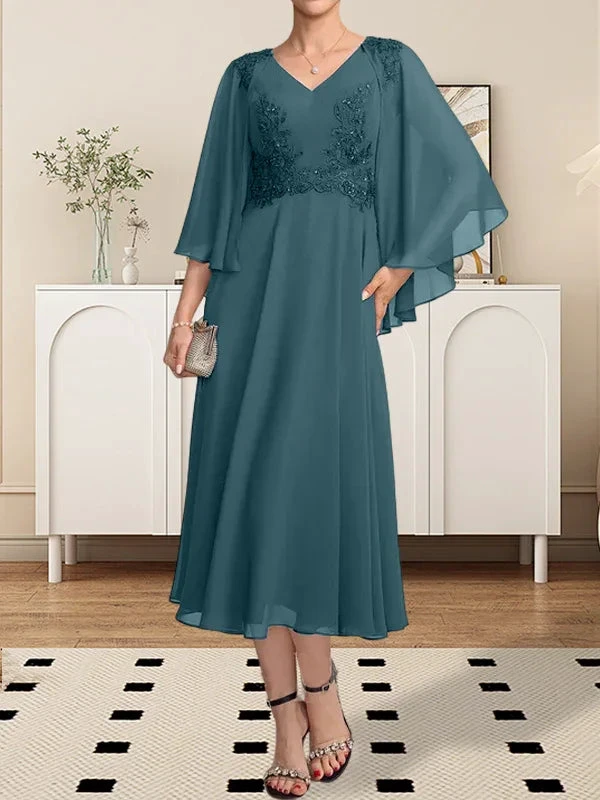 A-line V-Neck Tea-Length Chiffon Lace Mother of the Bride Dress With Beading Sequins by Dreamylily