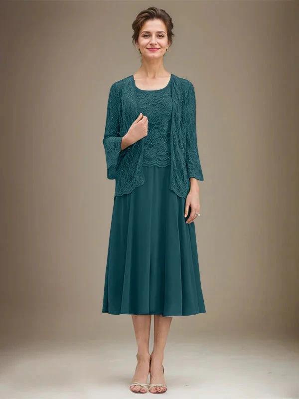 A-line Scoop Tea-Length Lace Chiffon Mother of the Bride Dress With Sequins by Dreamylily