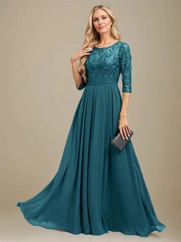 A-Line Scoop Floor-Length Lace Chiffon Mother Of the Bride Dress With Sequins Applique by Dreamylily