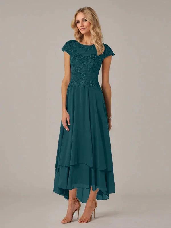 A-line Boat Neck Illusion Asymmetrical Chiffon Lace Mother of the Bride Dress With Applique Pleats by Dreamylily