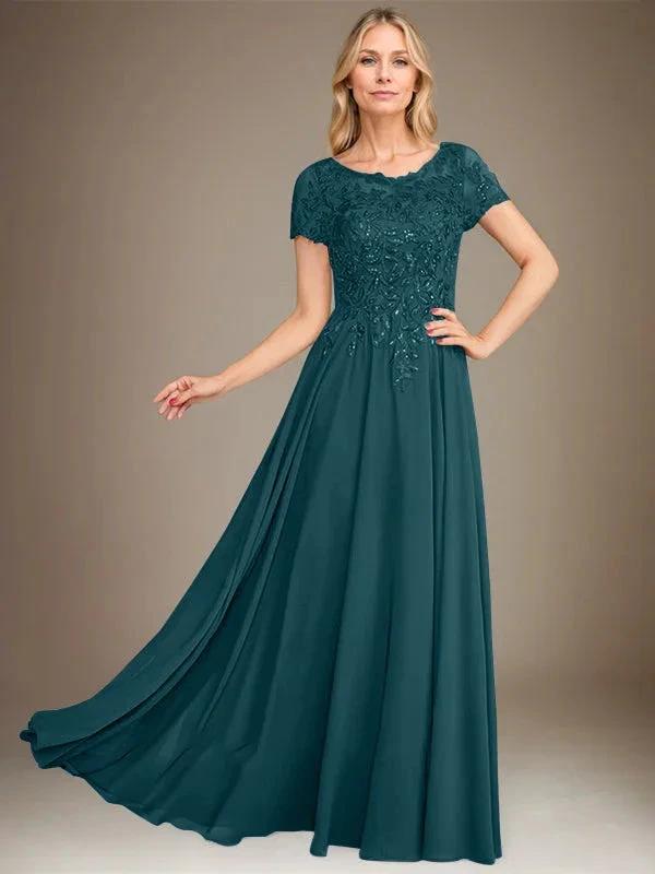 A-Line Scoop Floor-Length Chiffon Mother of the Bride Dress With Applique &amp; Sequins by Dreamylily