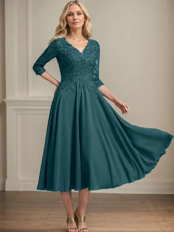 A-line V-Neck Tea-Length Chiffon Lace Mother of the Bride Dress With Beading Sequins by Dreamylily