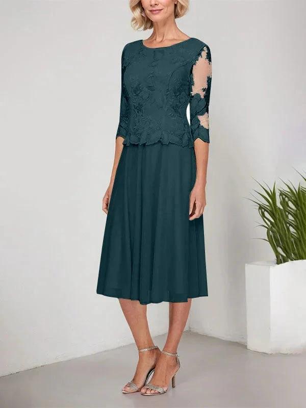 A-line Scoop Tea-Length Lace Chiffon Mother of the Bride Dress With Embroidery by Dreamylily