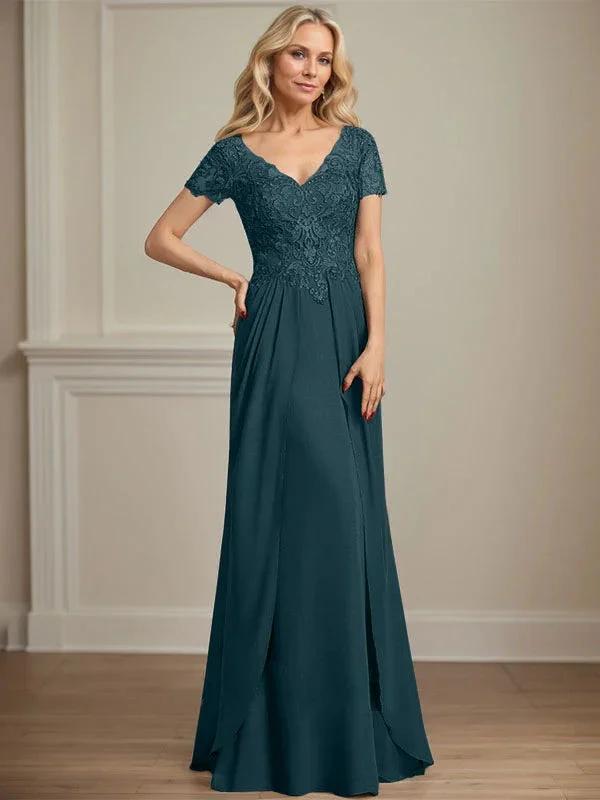 A-line V-Neck Floor-Length Chiffon Lace Mother of the Bride Dress by Dreamylily