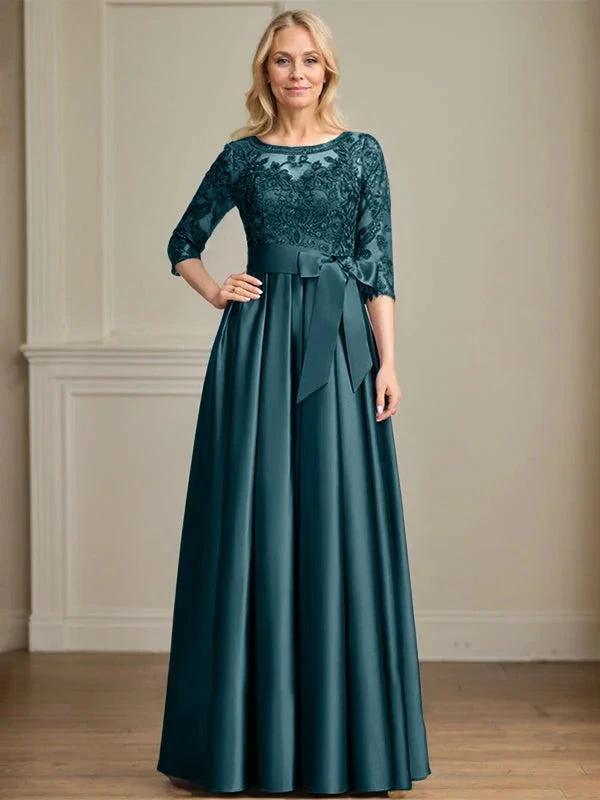 A-line Scoop Illusion Floor-Length Satin Lace Mother of the Bride Dress With Sequins Bow by Dreamylily