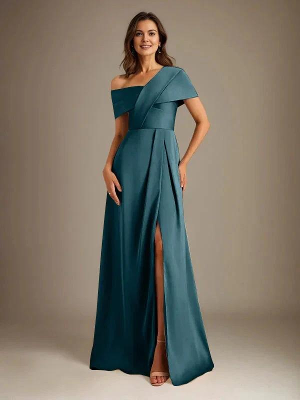 A-Line Asymmetrical Neckline Floor-Length Satin Mother of the Bride Dress With Pleated by Dreamylily