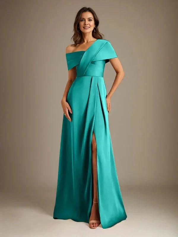 A-Line Asymmetrical Neckline Floor-Length Satin Mother of the Bride Dress With Pleated by Dreamylily