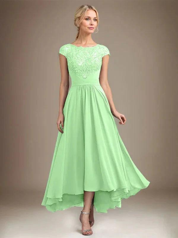 A-line Scoop Illusion Asymmetrical Lace Chiffon Mother of the Bride Dress With Pleated by Dreamylily
