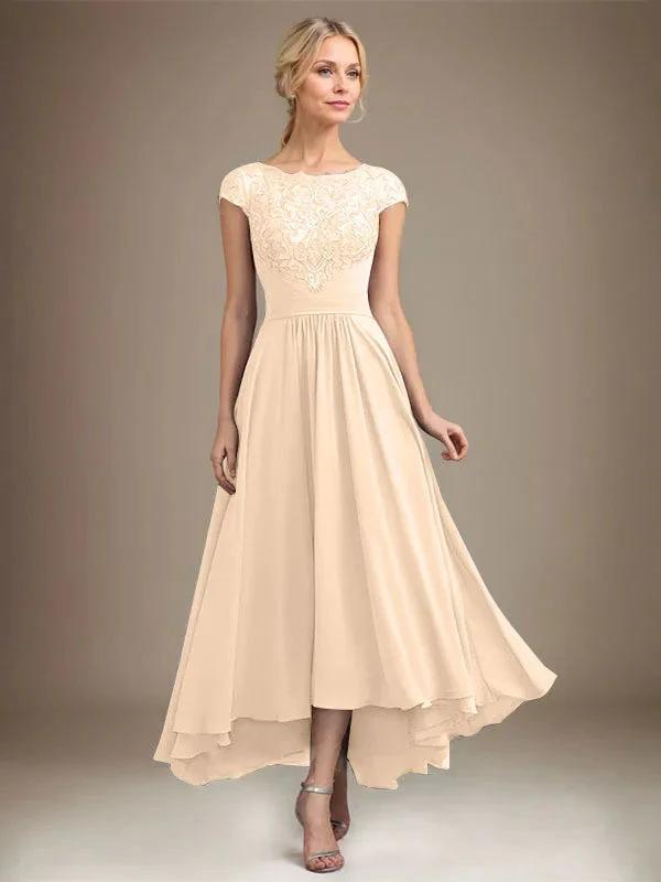 A-line Scoop Illusion Asymmetrical Lace Chiffon Mother of the Bride Dress With Pleated by Dreamylily