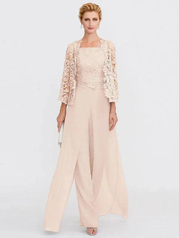 3 Piece Chiffon Square Neck Mother of the Bride Pantsuits with Jacket by Dreamylily