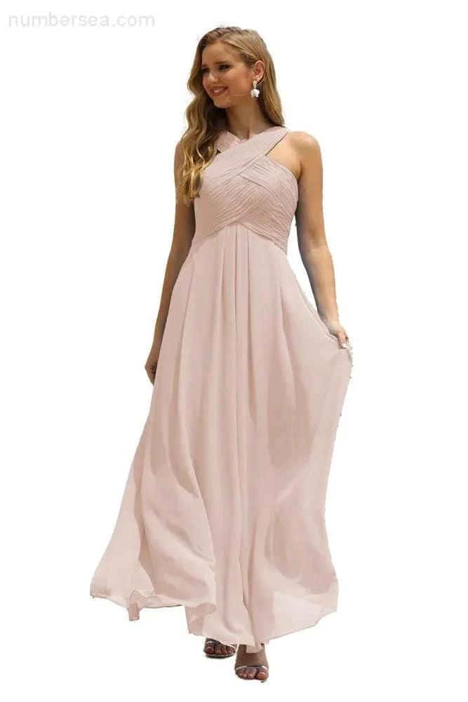 Numbersea Women Halter Chiffon Bridesmaid Dress A-line Long Formal Prom Gown SEA28015 by numbersea