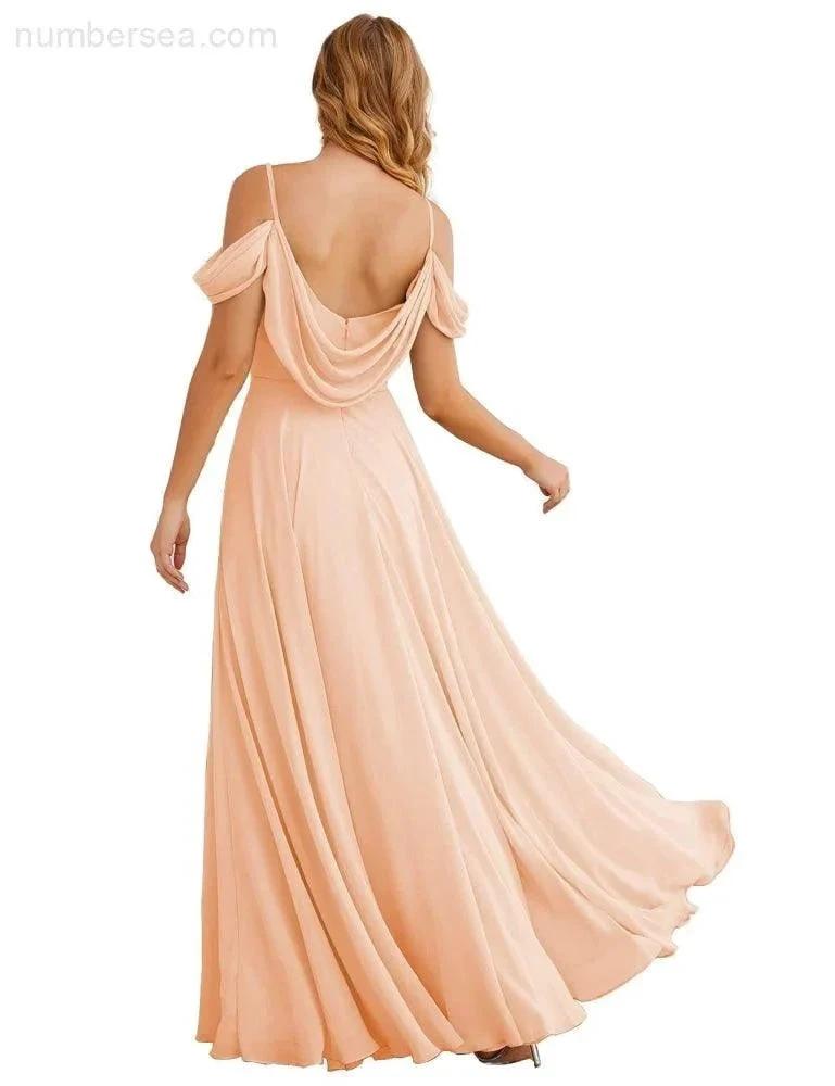 Numbersea Cold Shoulder Chiffon Bridesmaid Dresses Long Maxi Formal Prom Gowns for Women Party SEA28059 by numbersea