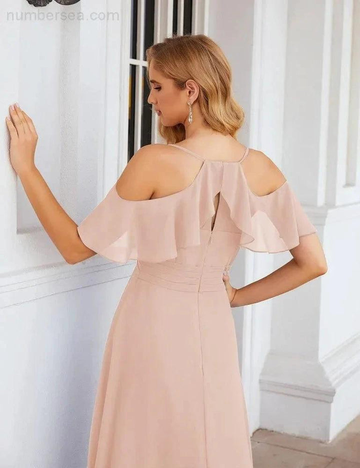 Numbersea Chiffon Cold Shoulder Long Bridesmaid Dresses Plus Size Formal Prom Gowns for Women Party Wedding SEA28070 by numbersea