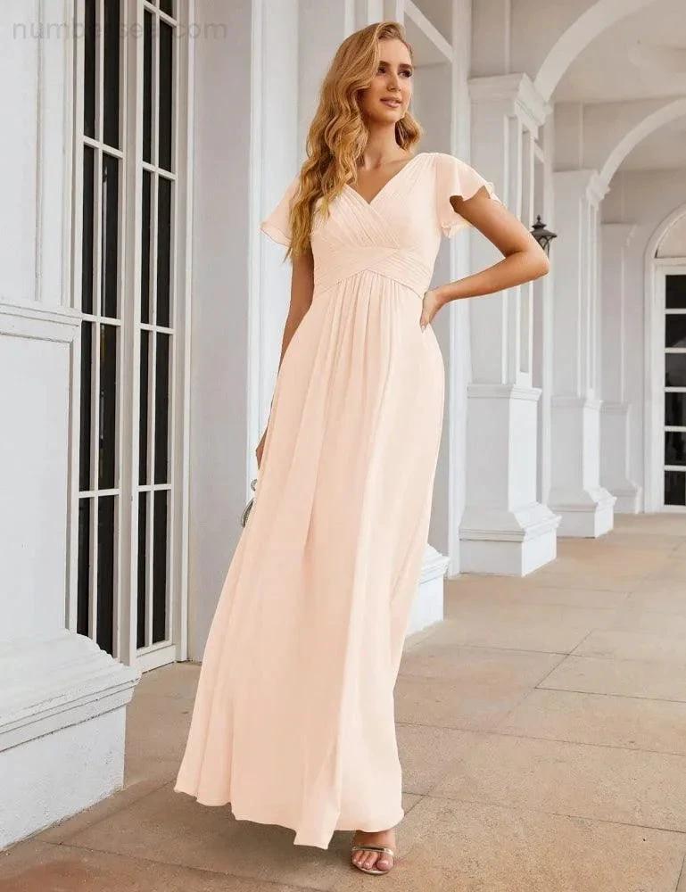 Numbersea Chiffon Bridesmaid Dress Cap Sleeves Maxi Prom Gowns Party Wedding Mother of The Bride Dresses for Women SEA28047 by numbersea