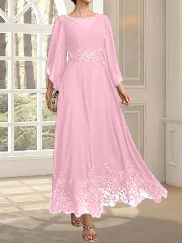 A-line Scoop Illusion Ankle-Length Lace Chiffon Mother of the Bride Dress With Sequins by Dreamylily