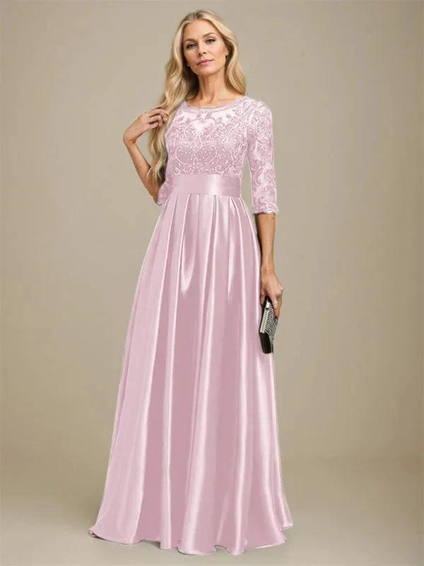 A-line Scoop Illusion Floor-Length Stretch Satin Lace Mother of the Bride Dress With Bow Sequins by Dreamylily
