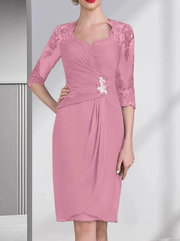 Sheath/Column Sweetheart Knee-Length Chiffon Mother of the Bride Dress With Beading Appliques Lace Sequins Pleated by Dreamylily