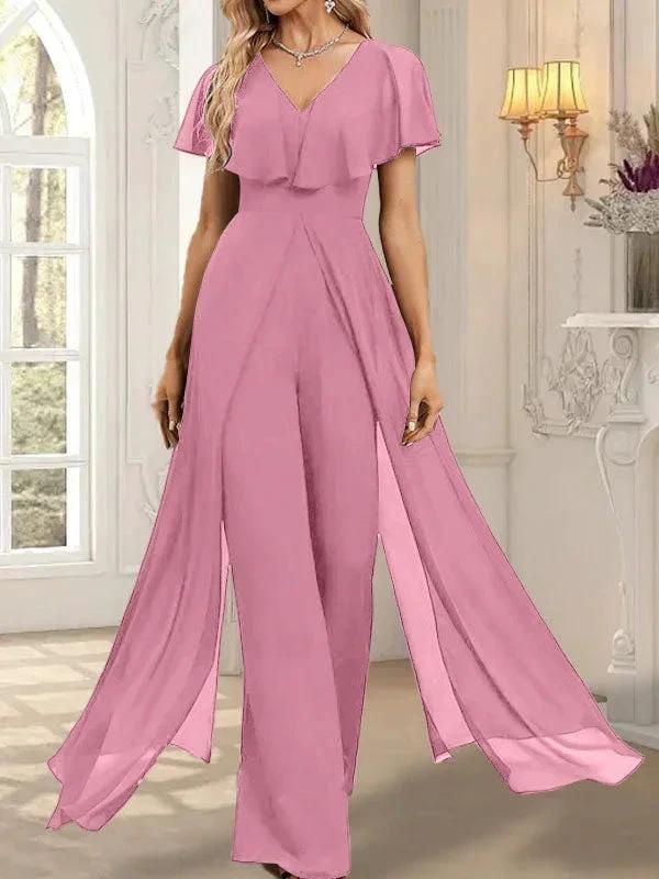 Jumpsuit/Pantsuit V-Neck Floor-Length Chiffon Evening Dress by Dreamylily