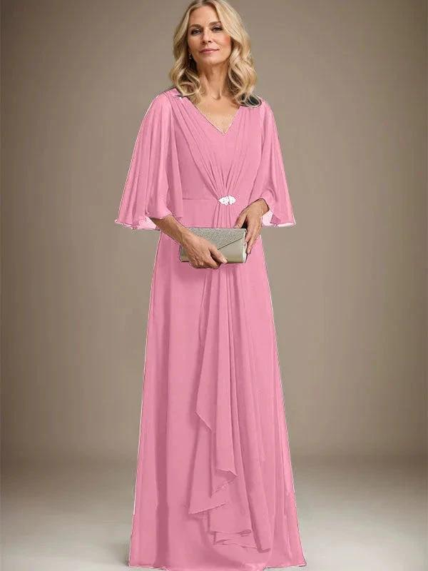 A-line V-Neck Floor-Length Chiffon Mother of the Bride Dress With Cascading Ruffles Crystal Brooch by Dreamylily